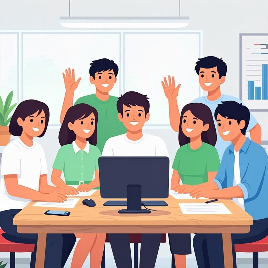 Ilustrasi peserta les komputer sedang belajar bersama instruktur